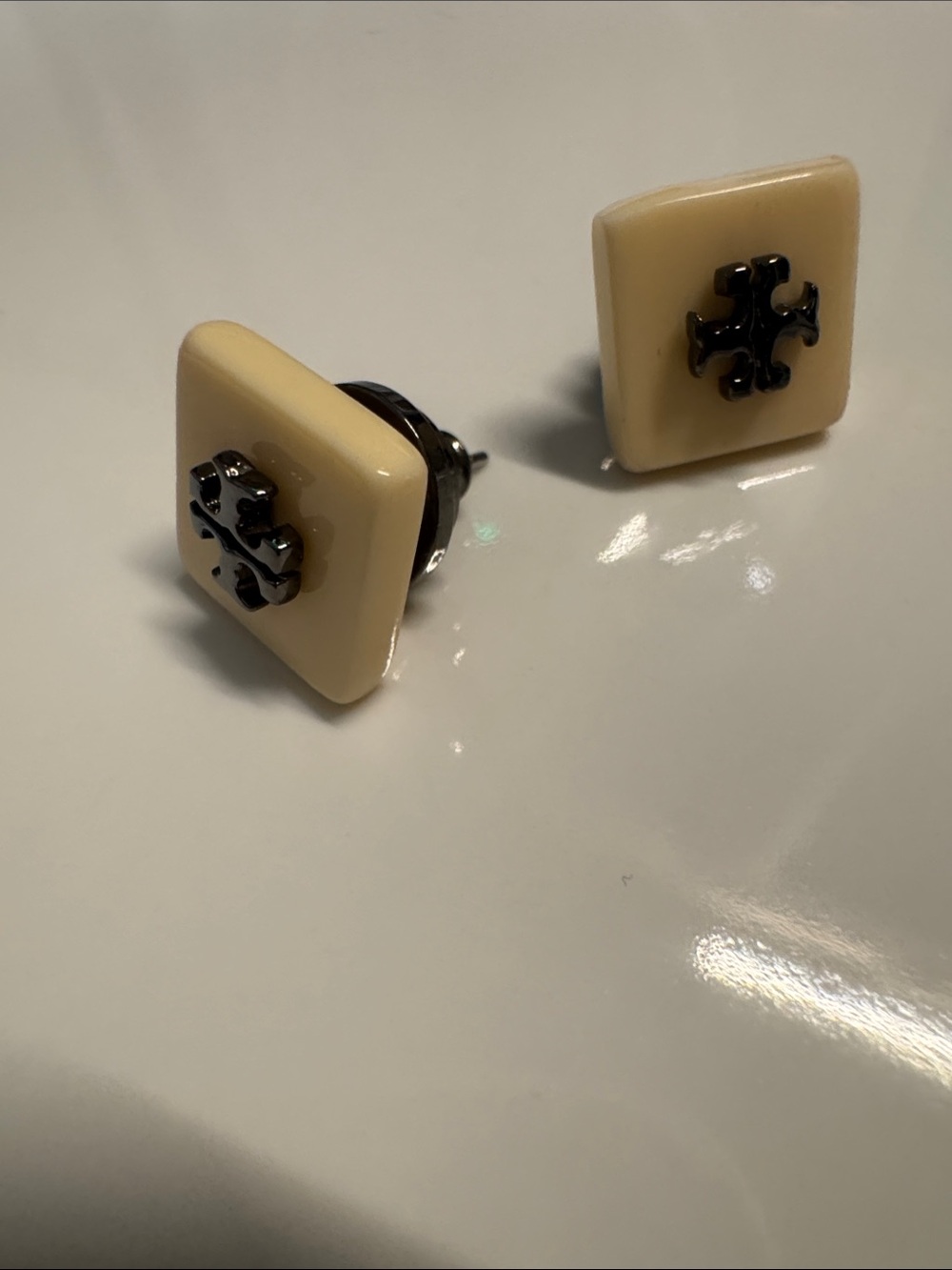 Tory Burch Cream Square Logo Stud Earrings with Black Emblem